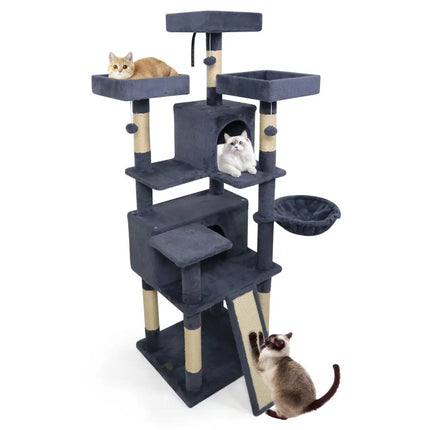 65 Inch Tall Multi - level Cat Tree with 3 Upholstered Perch and 2 Cat Condos - Dark Gray - Oasis Home Essentials
