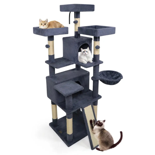 65 Inch Tall Multi - level Cat Tree with 3 Upholstered Perch and 2 Cat Condos - Dark Gray - Oasis Home Essentials