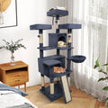 65 Inch Tall Multi-level Cat Tree with 3 Upholstered Perch and 2 Cat Condos-Dark Gray - Dark Gray - Cat Trees Condos &