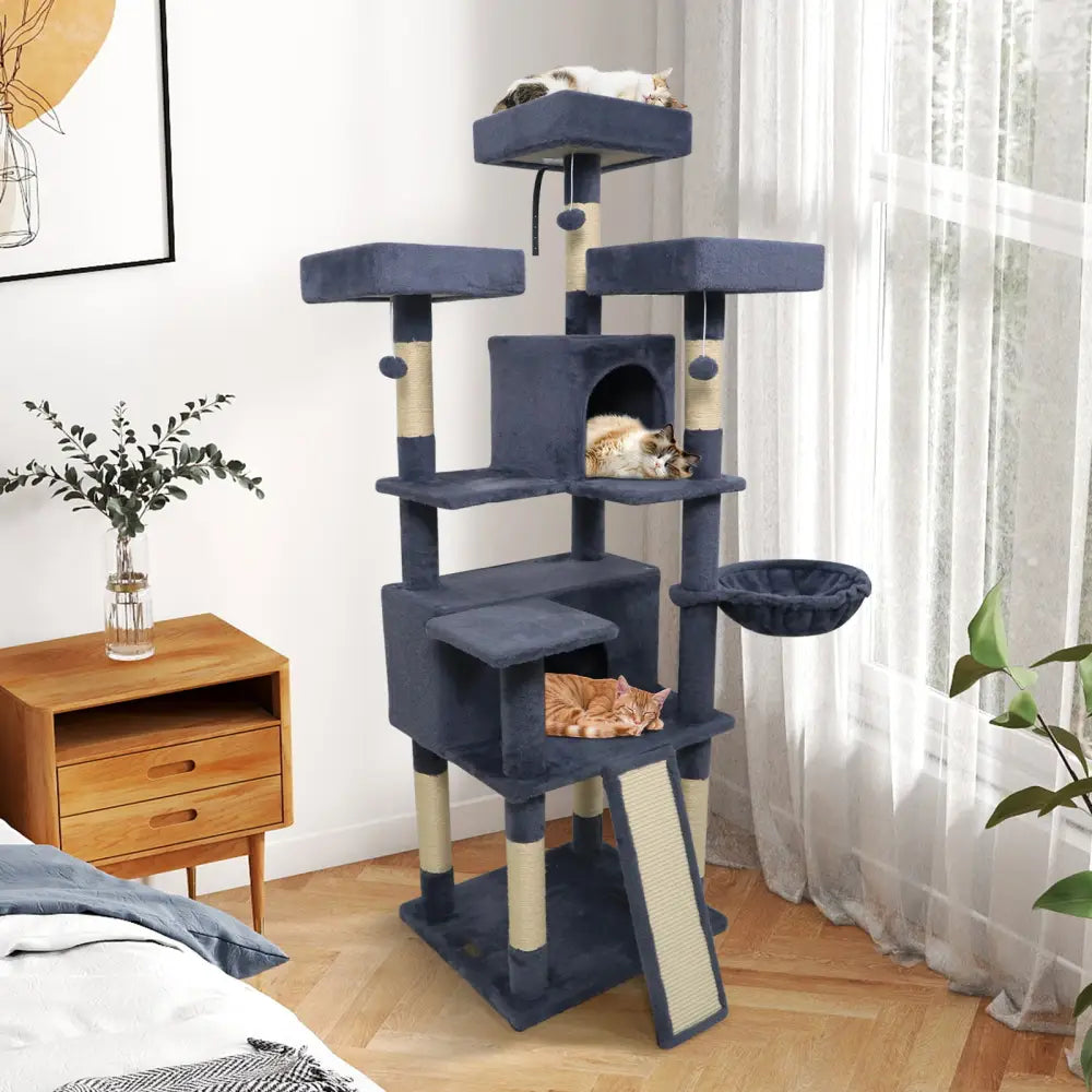 65 Inch Tall Multi-level Cat Tree with 3 Upholstered Perch and 2 Cat Condos-Dark Gray - Dark Gray - Cat Trees Condos &