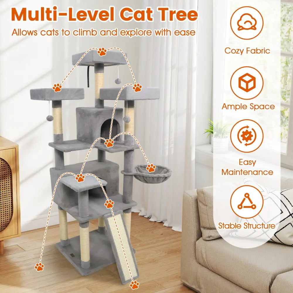 65 Inch Tall Multi-level Cat Tree with 3 Upholstered Perch and 2 Cat Condos-Light Gray - Light Gray - Cat Trees Condos