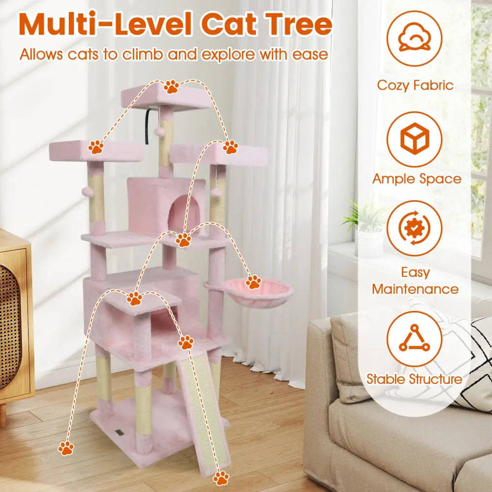65 Inch Tall Multi-level Cat Tree with 3 Upholstered Perch and 2 Cat Condos-Pink - Pink - Cat Trees Condos & Scratchers