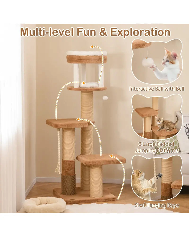 65 Inches Tall Cat Tree with Self-groomer and Removable Cat Bed-Coffee - Coffee - Cat Trees Condos & Scratchers