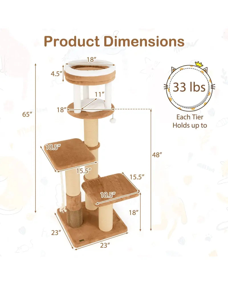 65 Inches Tall Cat Tree with Self-groomer and Removable Cat Bed-Coffee - Coffee - Cat Trees Condos & Scratchers