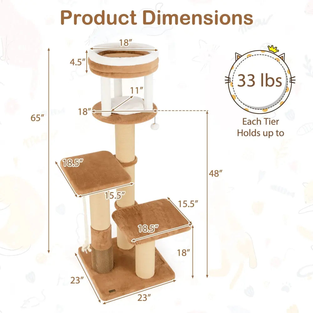 65 Inches Tall Cat Tree with Self-groomer and Removable Cat Bed-Coffee - Coffee - Cat Trees Condos & Scratchers