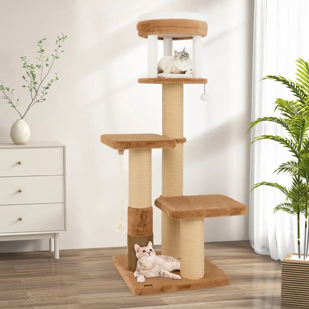 65 Inches Tall Cat Tree with Self-groomer and Removable Cat Bed-Coffee - Coffee - Cat Trees Condos & Scratchers