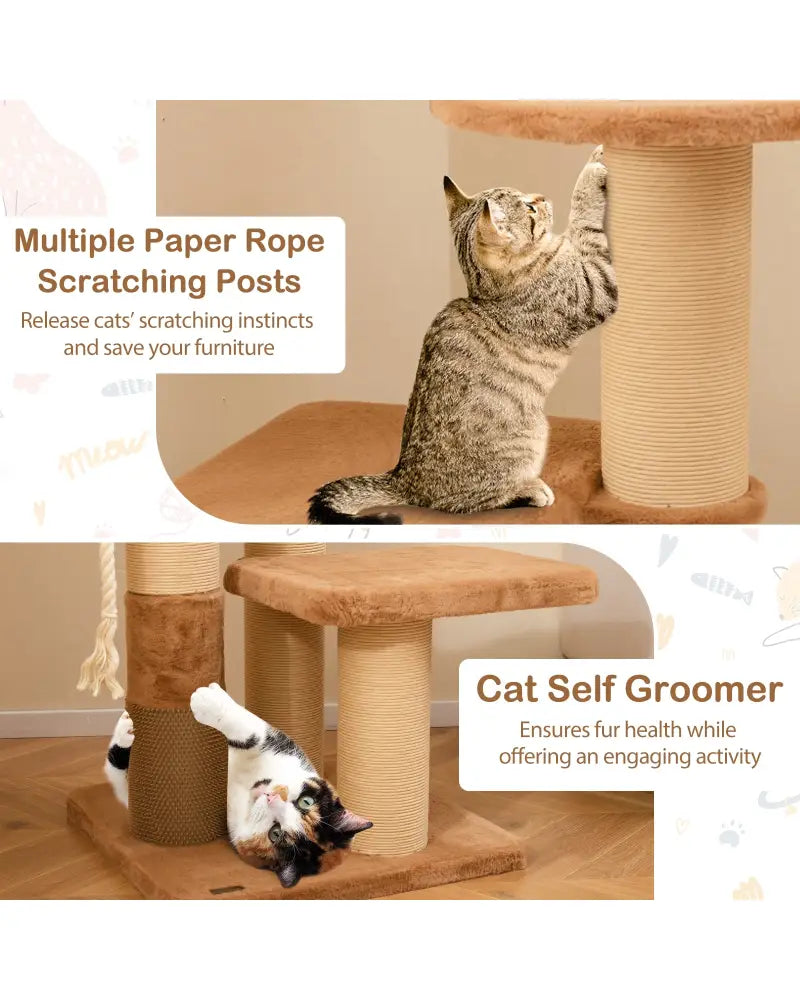 65 Inches Tall Cat Tree with Self-groomer and Removable Cat Bed-Coffee - Coffee - Cat Trees Condos & Scratchers