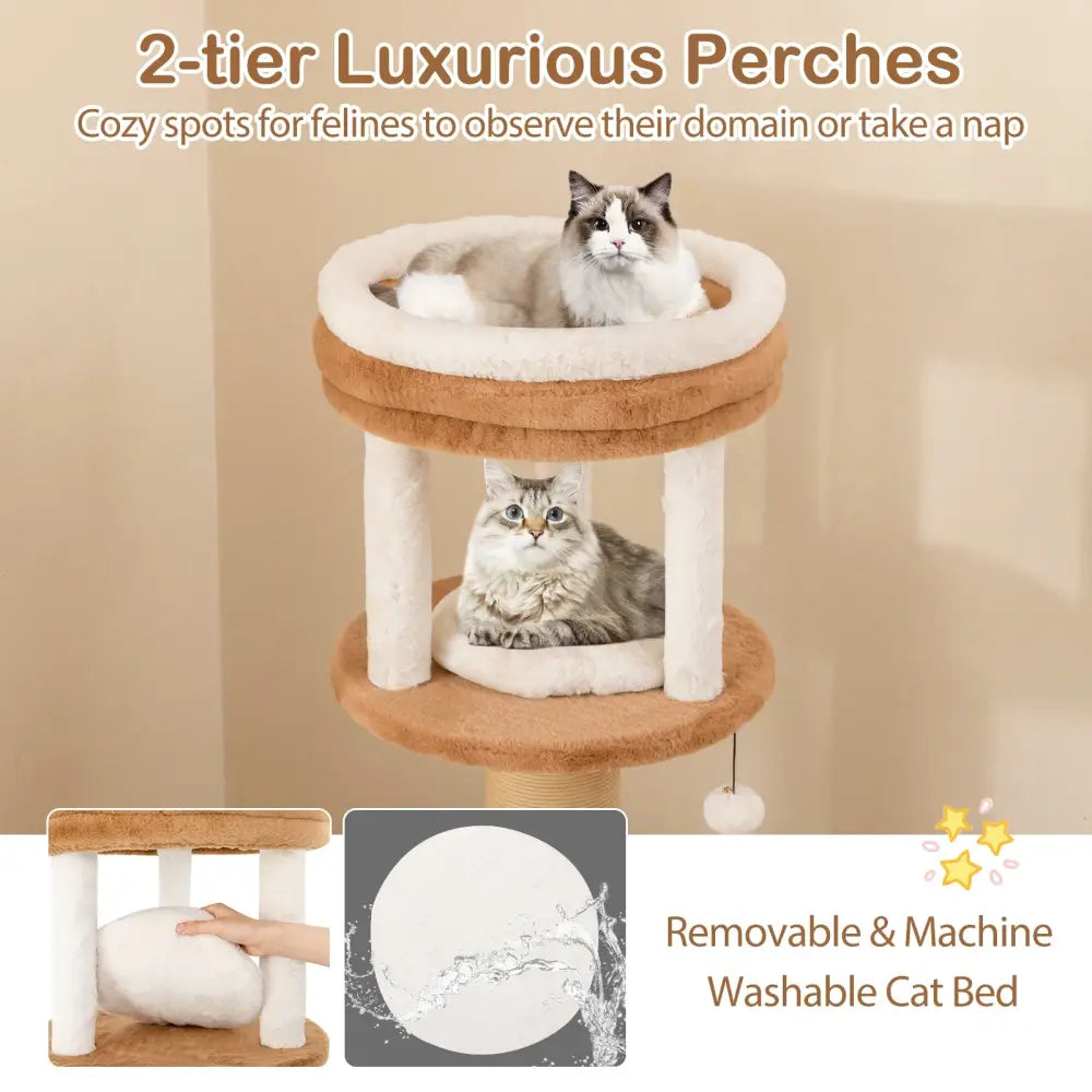 65 Inches Tall Cat Tree with Self-groomer and Removable Cat Bed-Coffee - Coffee - Cat Trees Condos & Scratchers