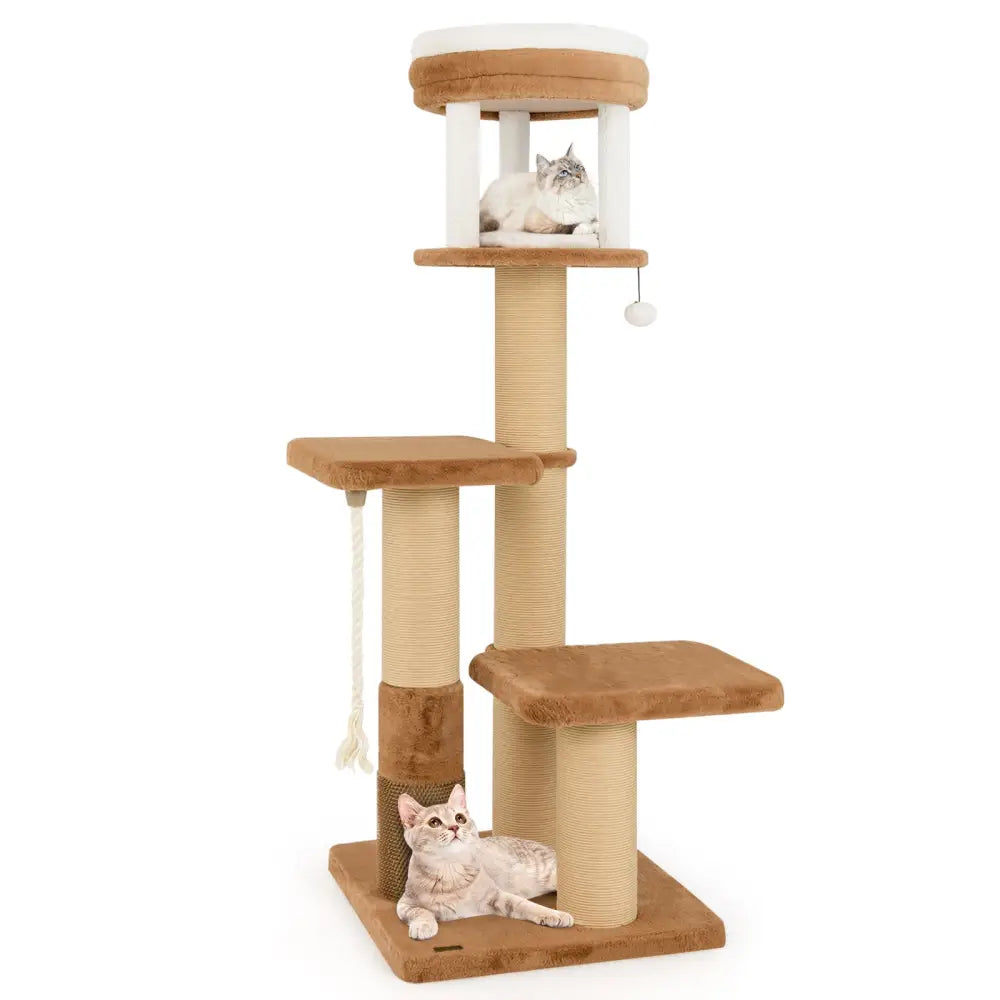 65 Inches Tall Cat Tree with Self-groomer and Removable Cat Bed-Coffee - Coffee - Cat Trees Condos & Scratchers