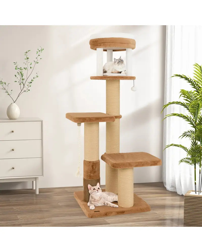 65 Inches Tall Cat Tree with Self-groomer and Removable Cat Bed-Coffee - Coffee - Cat Trees Condos & Scratchers