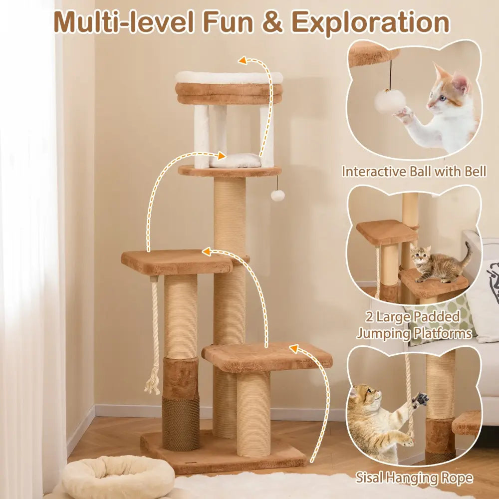 65 Inches Tall Cat Tree with Self-groomer and Removable Cat Bed-Coffee - Coffee - Cat Trees Condos & Scratchers