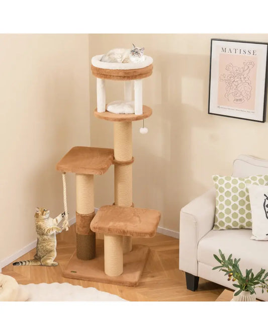 65 Inches Tall Cat Tree with Self-groomer and Removable Cat Bed-Coffee - Coffee - Cat Trees Condos & Scratchers