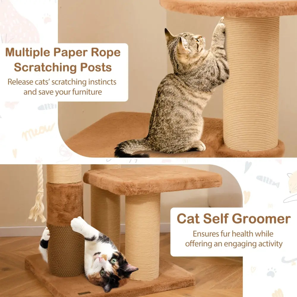 65 Inches Tall Cat Tree with Self-groomer and Removable Cat Bed-Coffee - Coffee - Cat Trees Condos & Scratchers