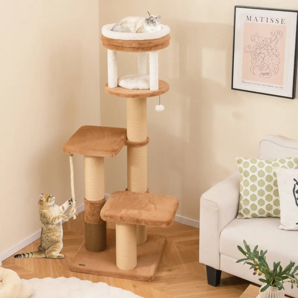 65 Inches Tall Cat Tree with Self-groomer and Removable Cat Bed-Coffee - Coffee - Cat Trees Condos & Scratchers