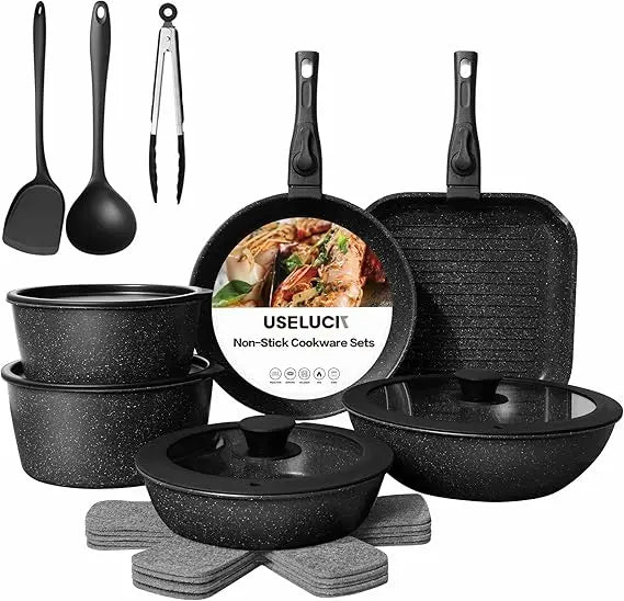 USELUCI non-stick cookware set with pots, pans, and utensils on a white background