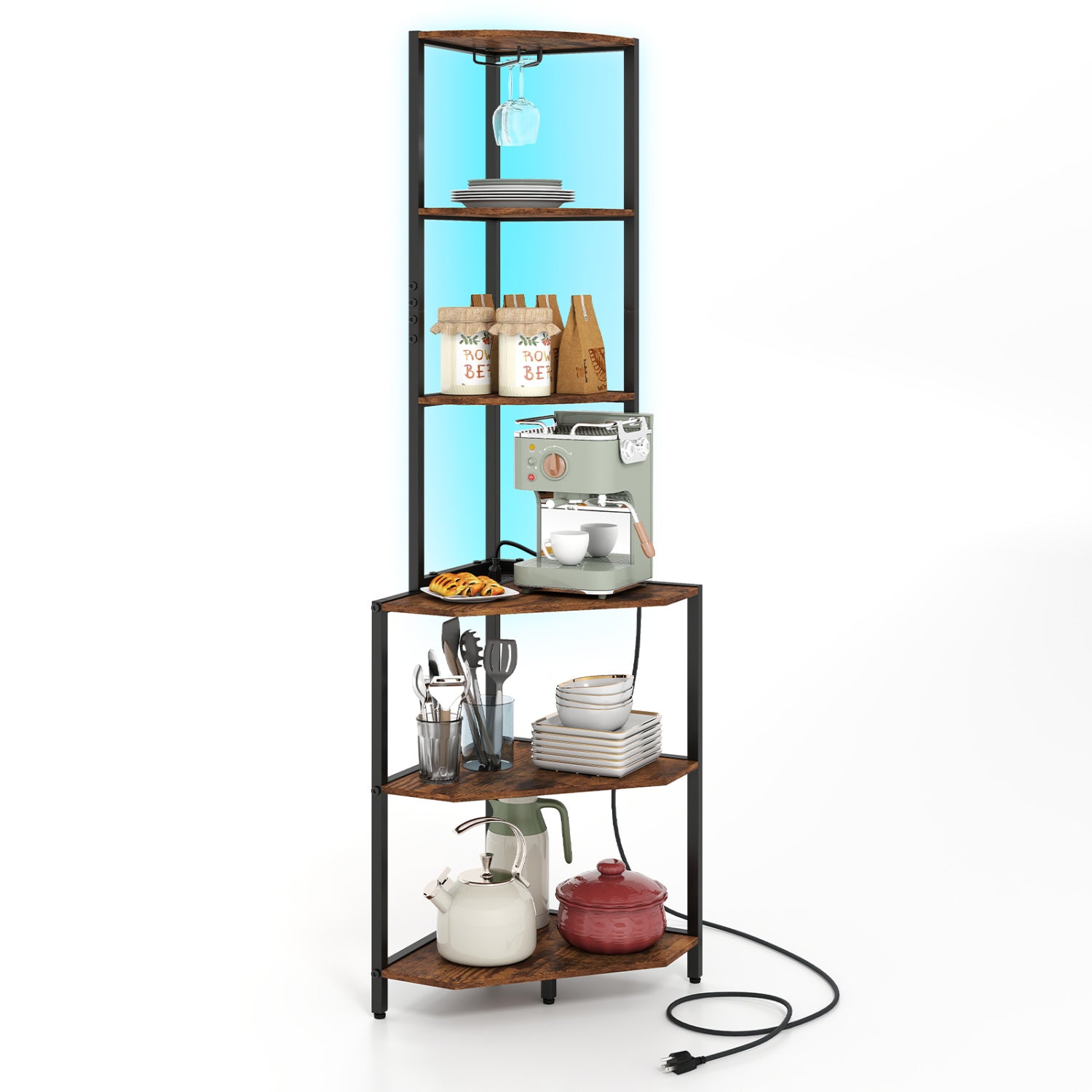 65 Inch 6-Tier Corner Shelf with Charging Station and Ambience Light-Rustic Brown