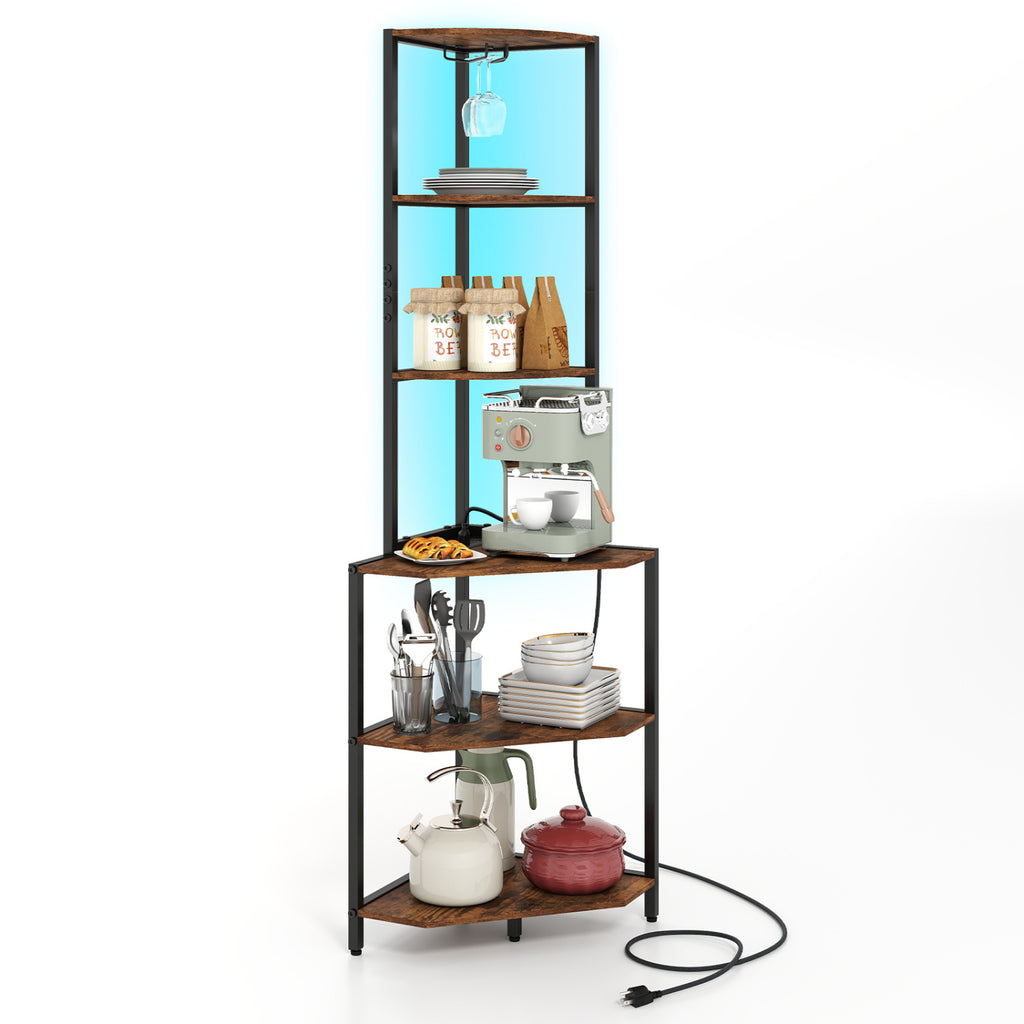 65 Inch 6-Tier Corner Shelf with Charging Station and Ambience Light-Rustic Brown