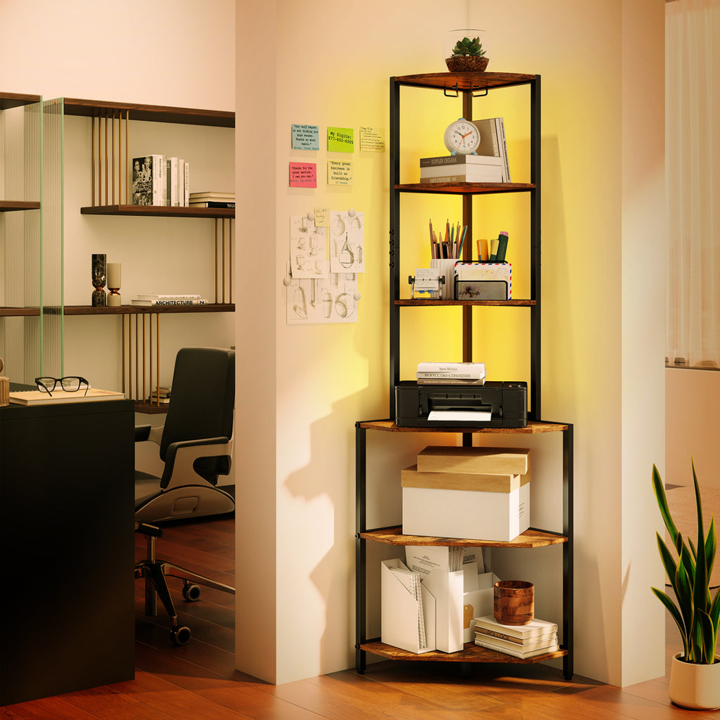 65 Inch 6-Tier Corner Shelf with Charging Station and Ambience Light-Rustic Brown