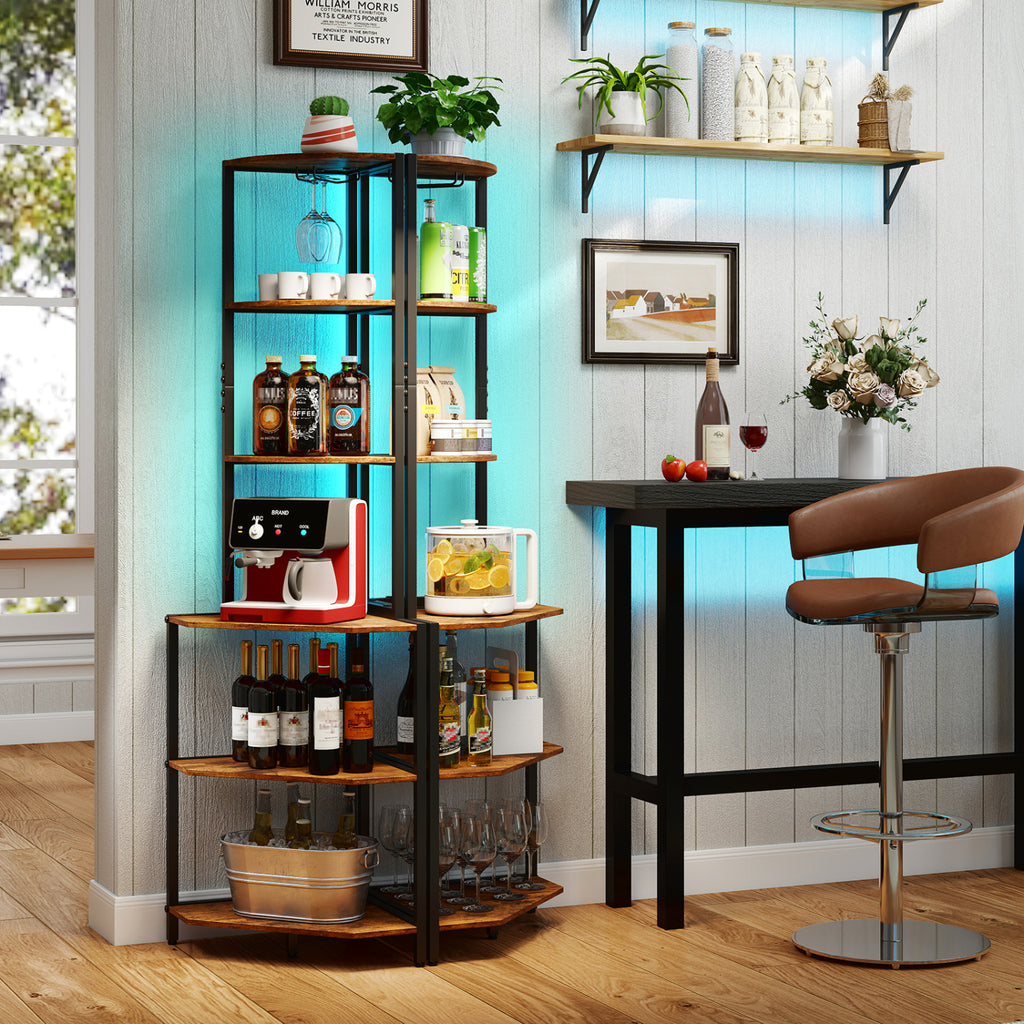 65 Inch 6-Tier Corner Shelf with Charging Station and Ambience Light-Rustic Brown