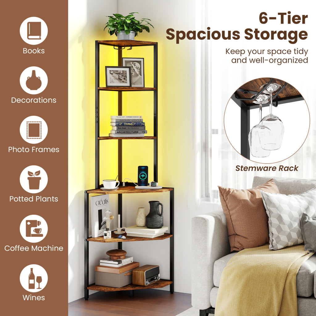 65 Inch 6-Tier Corner Shelf with Charging Station and Ambience Light-Rustic Brown
