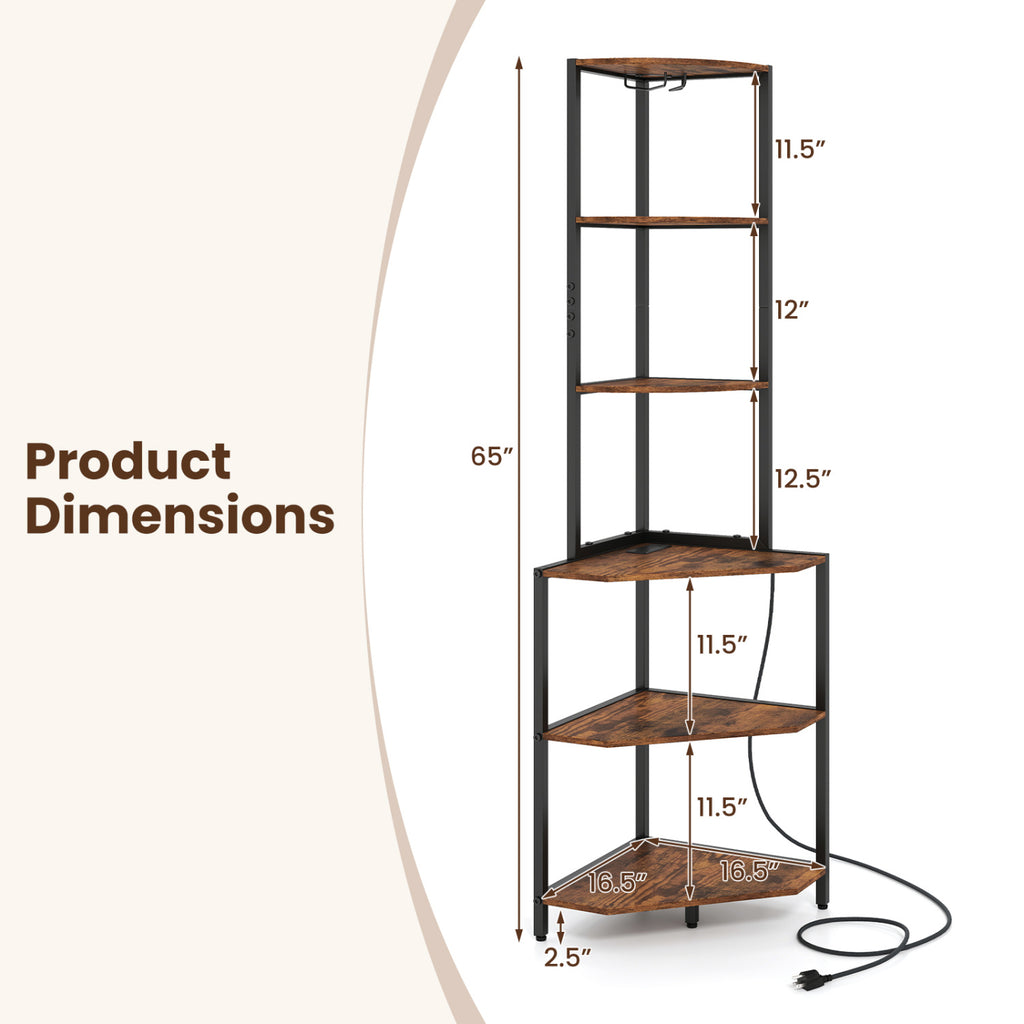 65 Inch 6-Tier Corner Shelf with Charging Station and Ambience Light-Rustic Brown