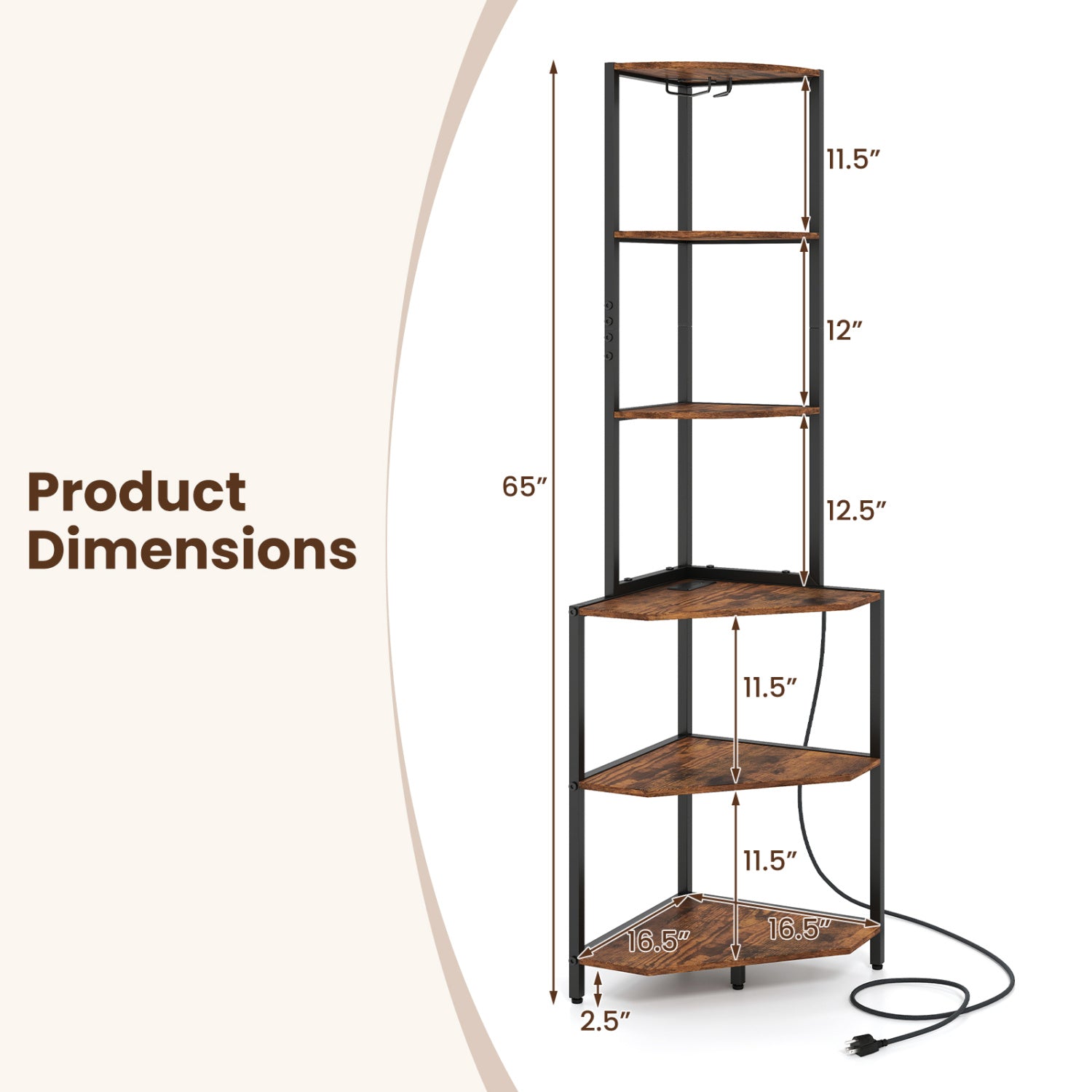 65 Inch 6-Tier Corner Shelf with Charging Station and Ambience Light-Rustic Brown