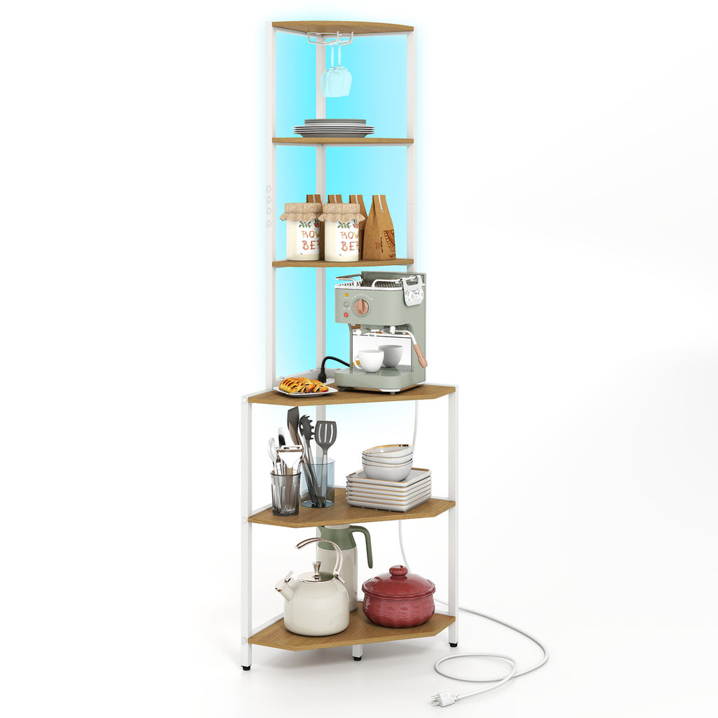 65 Inch 6-Tier Corner Shelf with Charging Station and Ambience Light-Natural