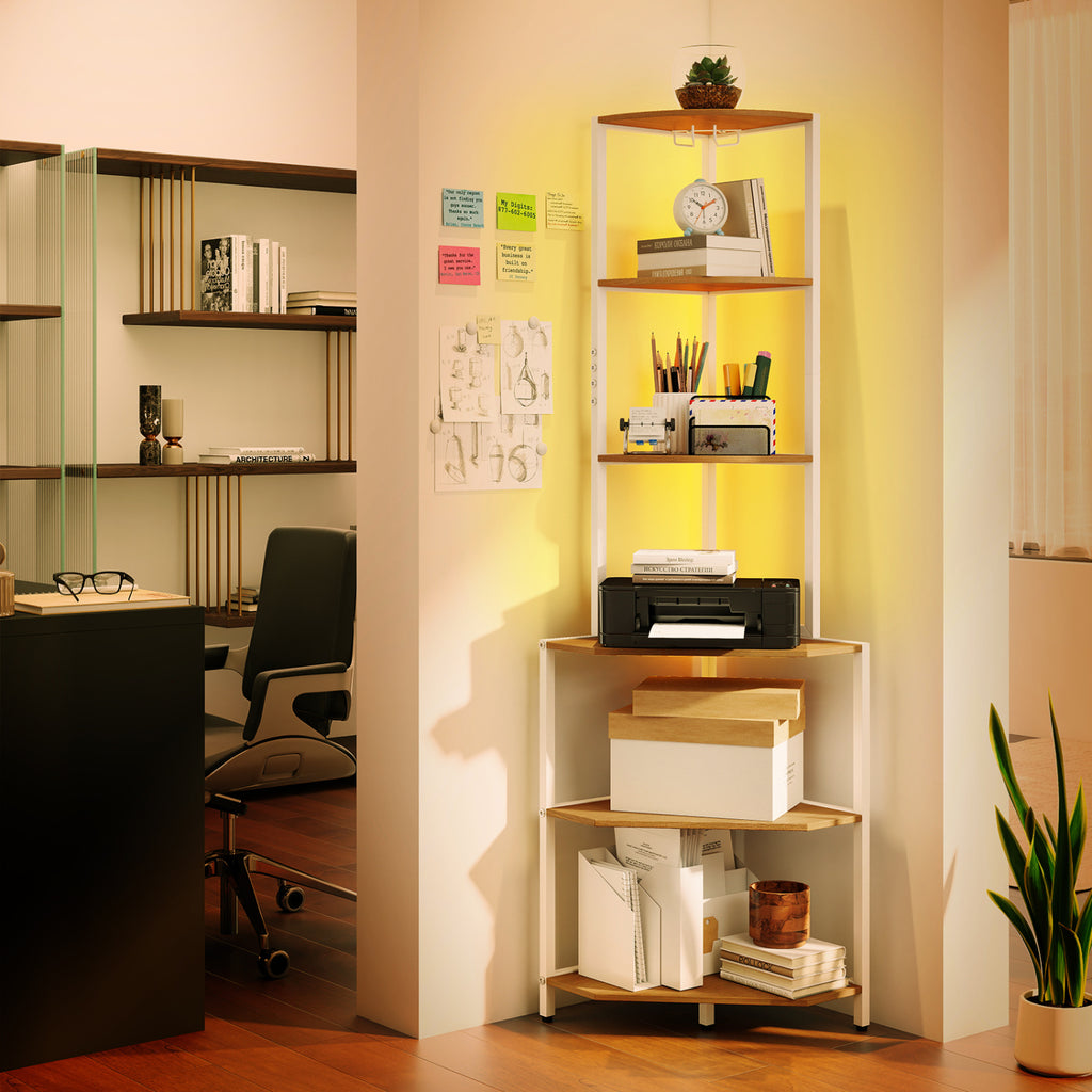 65 Inch 6-Tier Corner Shelf with Charging Station and Ambience Light-Natural