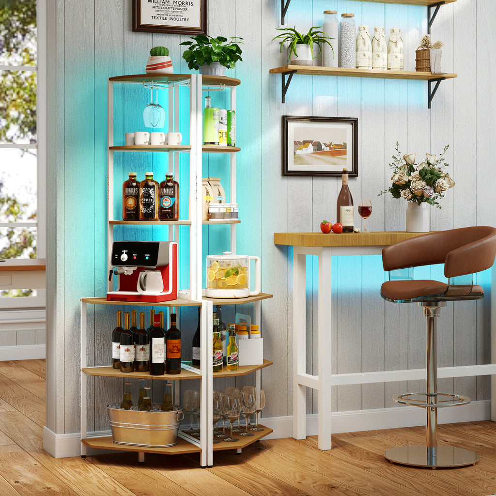 65 Inch 6-Tier Corner Shelf with Charging Station and Ambience Light-Natural