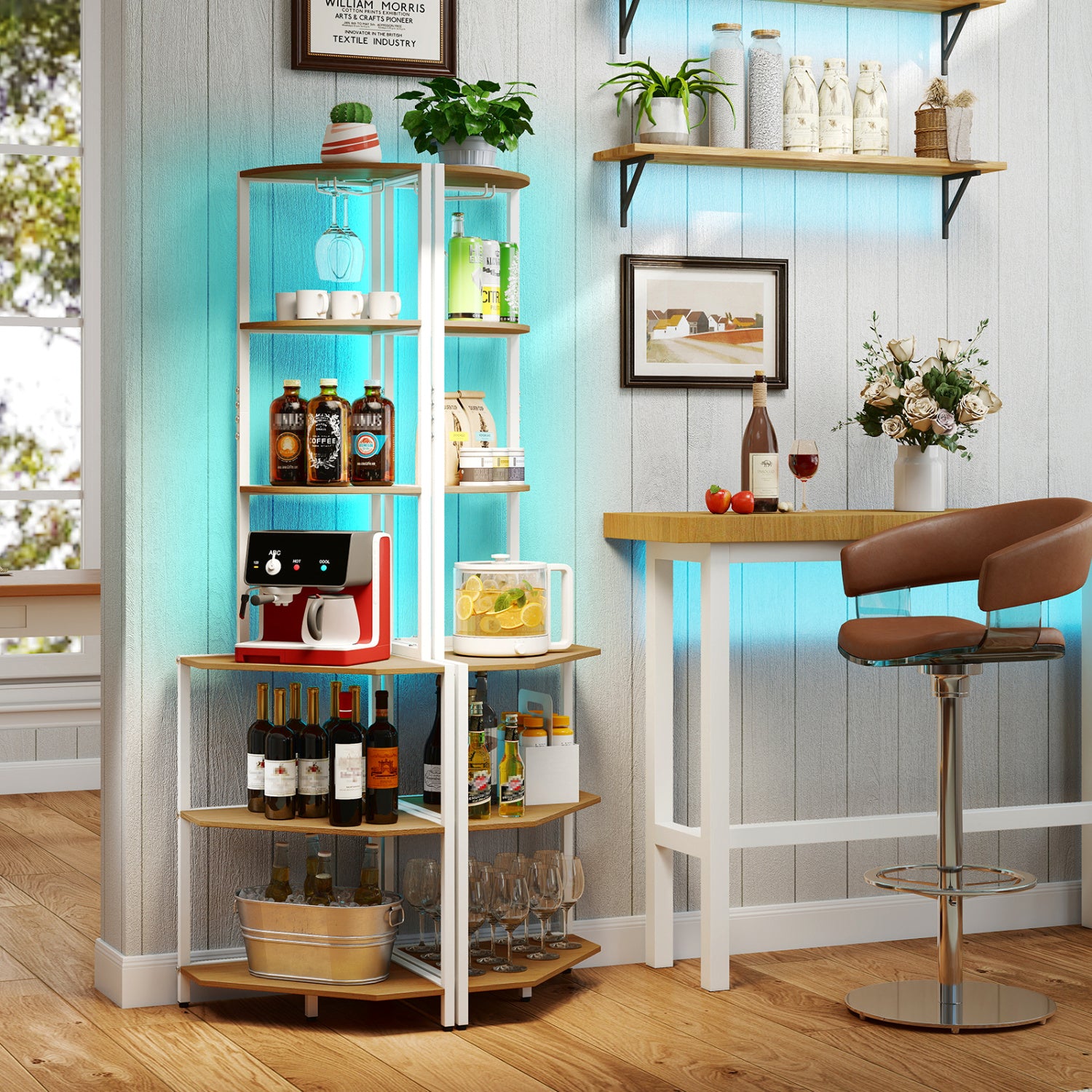 65 Inch 6-Tier Corner Shelf with Charging Station and Ambience Light-Natural