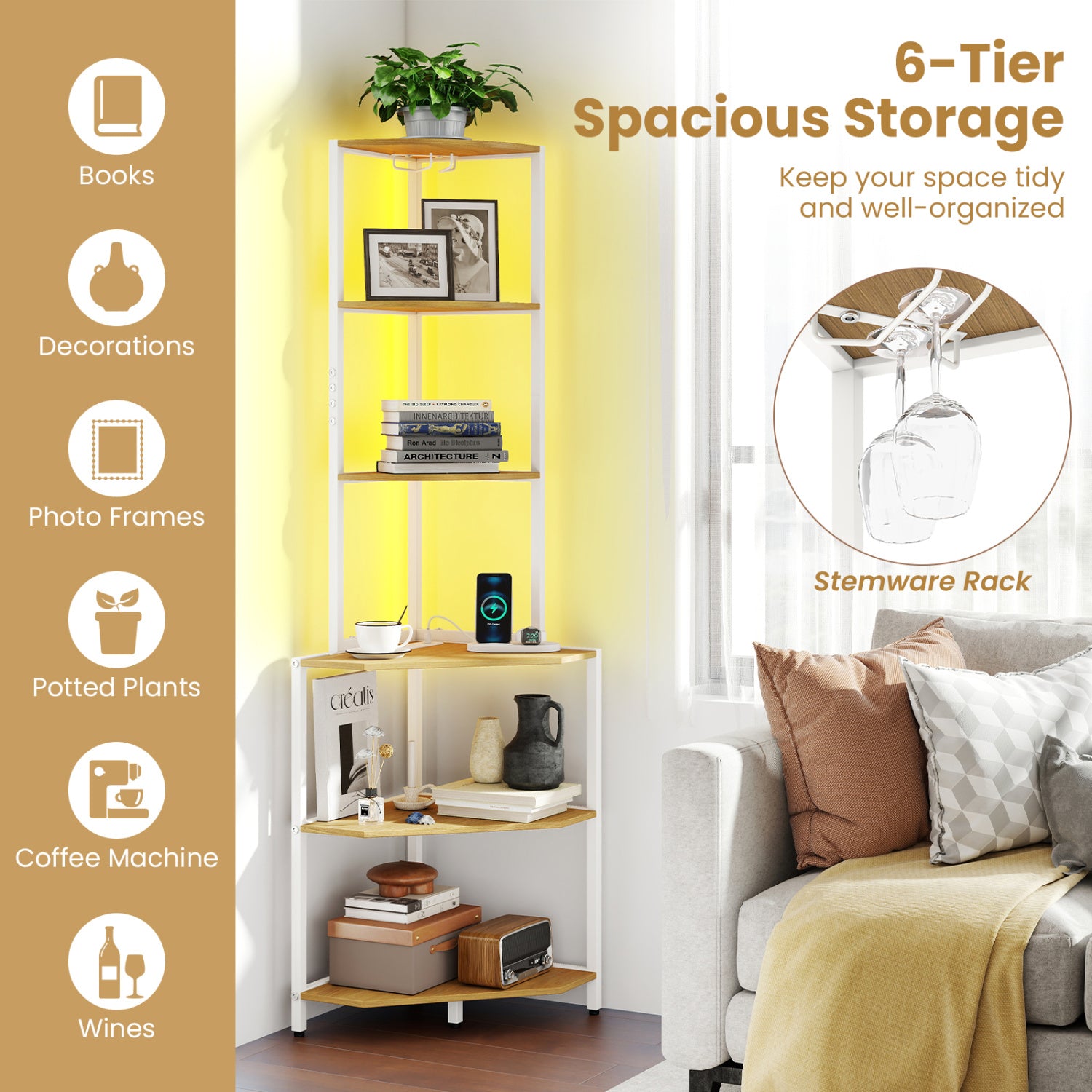 65 Inch 6-Tier Corner Shelf with Charging Station and Ambience Light-Natural