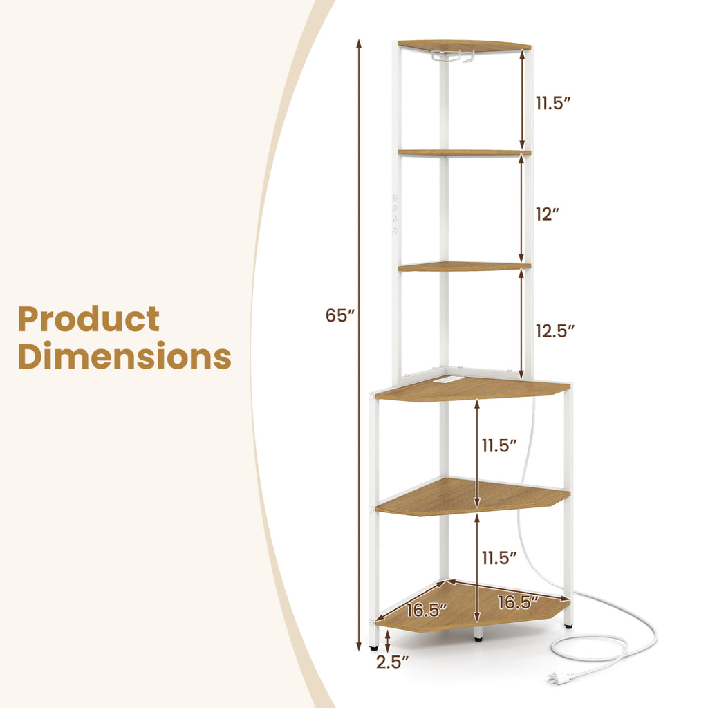 65 Inch 6-Tier Corner Shelf with Charging Station and Ambience Light-Natural