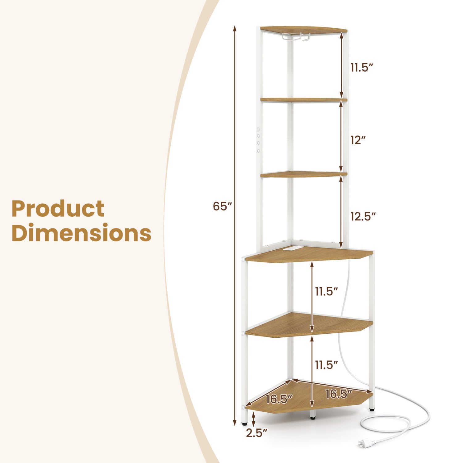65 Inch 6-Tier Corner Shelf with Charging Station and Ambience Light-Natural