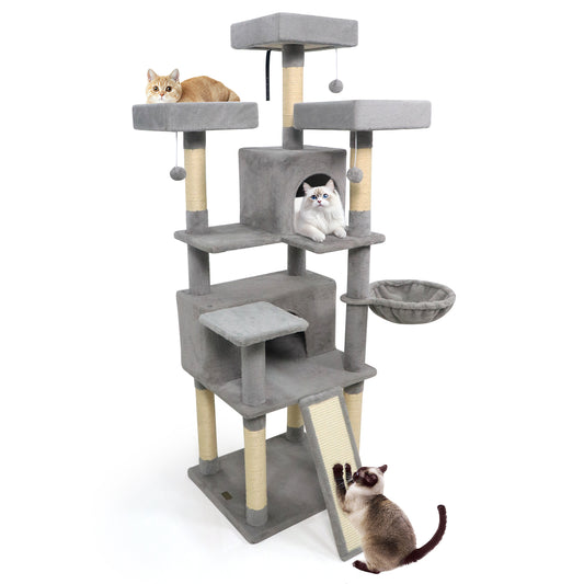 65 Inch Tall Multi-level Cat Tree with 3 Upholstered Perch and 2 Cat Condos-Light Gray