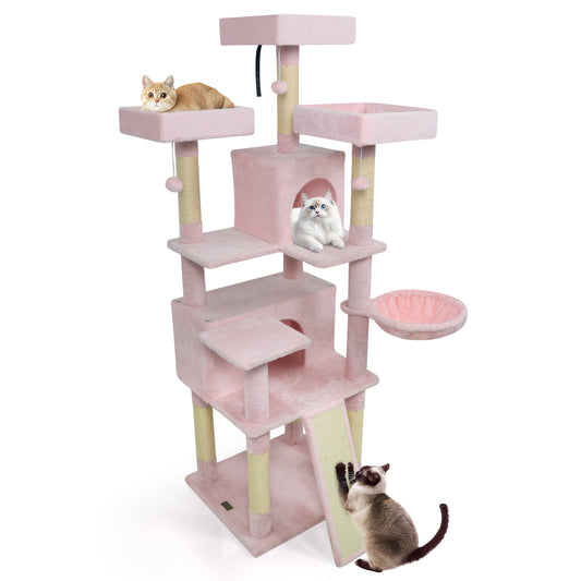 65 Inch Tall Multi-level Cat Tree with 3 Upholstered Perch and 2 Cat Condos-Pink