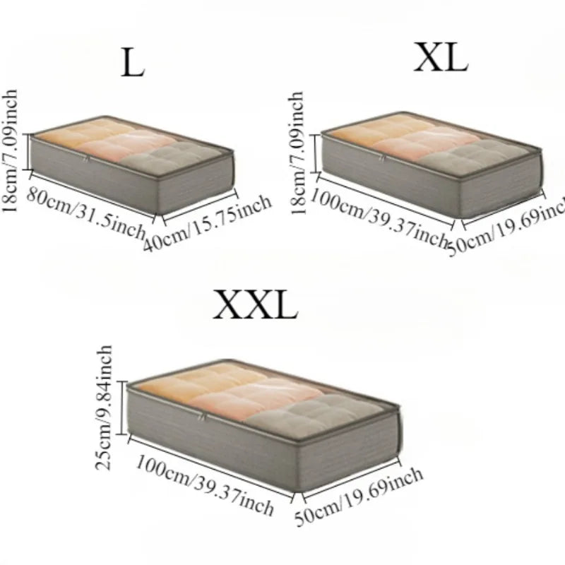 Size chart for storage boxes labeled L, XL, and XXL with dimensions.
