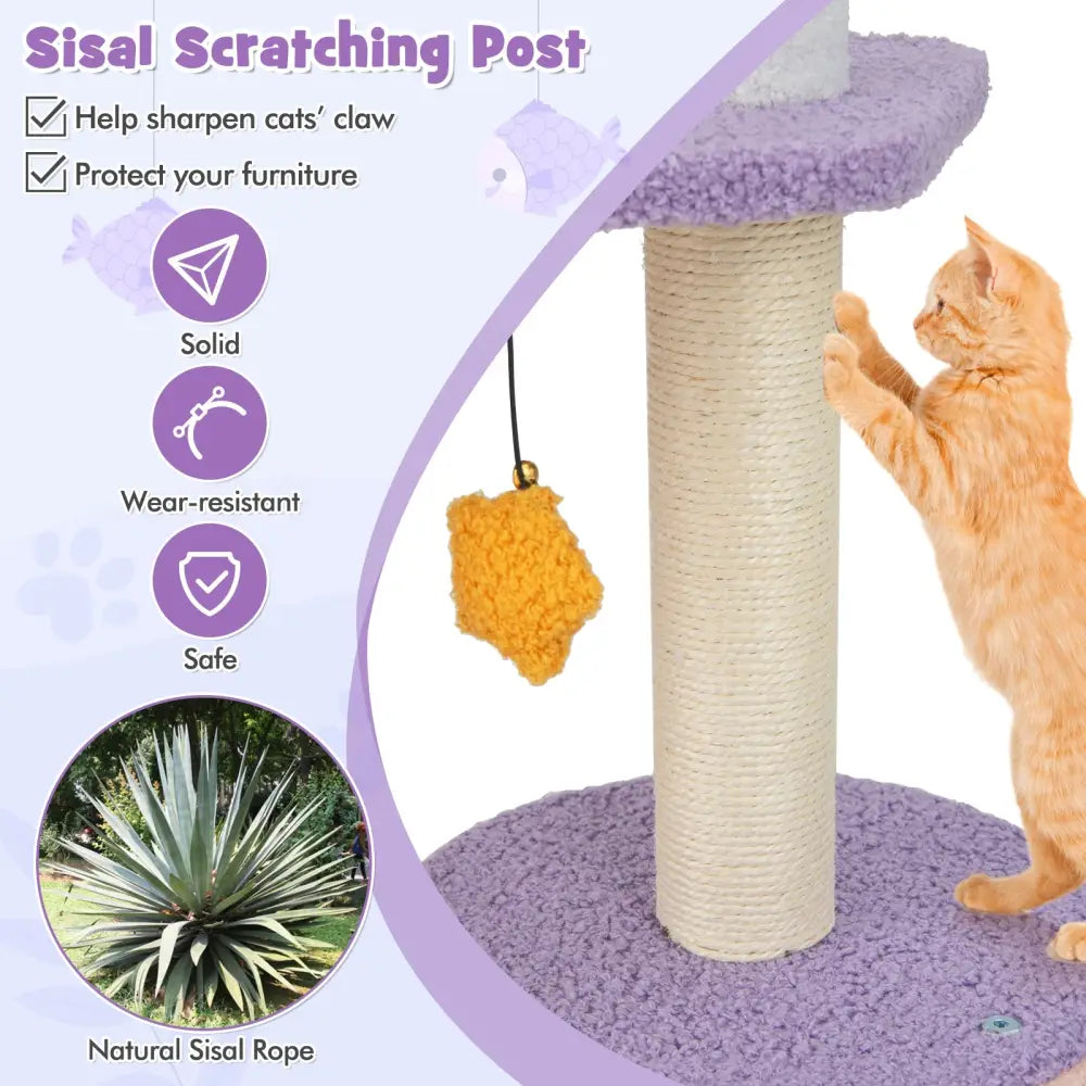 66 Inch Cute Cat Tree Cats Multi-level Tall Cat Tower with Sisal Covered Scratching Posts-Purple - Purple - Cat Trees