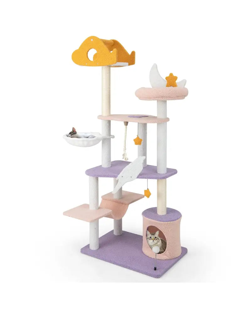 66 Inch Cute Cat Tree Cats Multi-level Tall Cat Tower with Sisal Covered Scratching Posts-Purple - Purple - Cat Trees