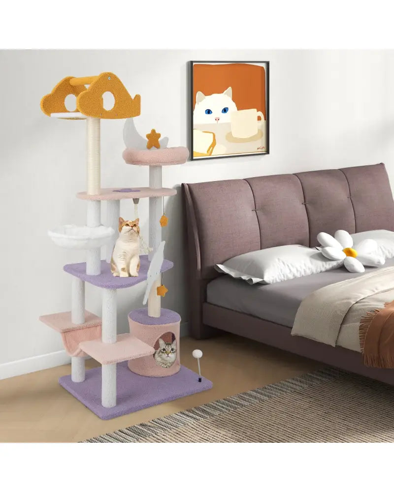 66 Inch Cute Cat Tree Cats Multi-level Tall Cat Tower with Sisal Covered Scratching Posts-Purple - Purple - Cat Trees