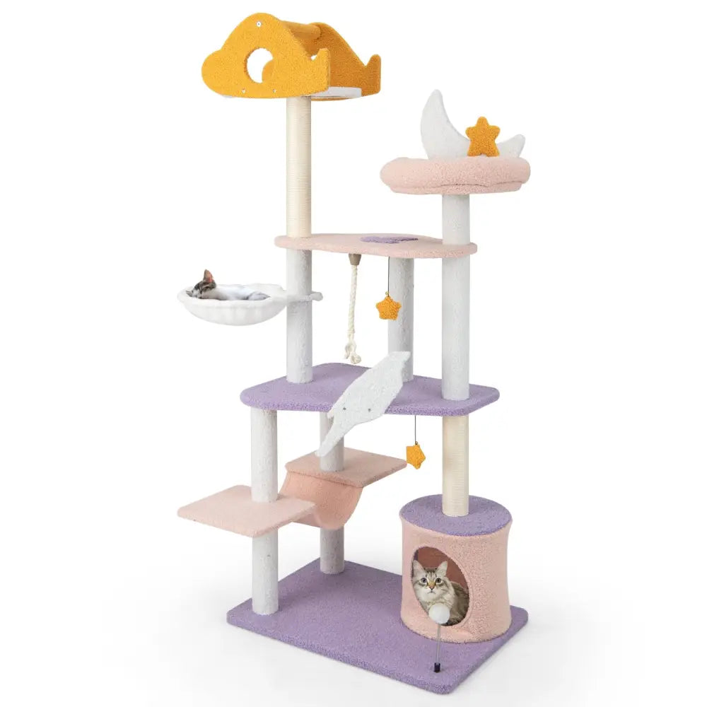 66 Inch Cute Cat Tree Cats Multi-level Tall Cat Tower with Sisal Covered Scratching Posts-Purple - Purple - Cat Trees