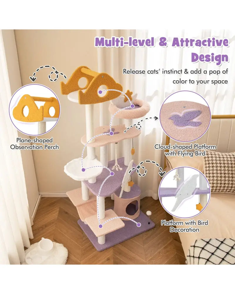 66 Inch Cute Cat Tree Cats Multi-level Tall Cat Tower with Sisal Covered Scratching Posts-Purple - Purple - Cat Trees