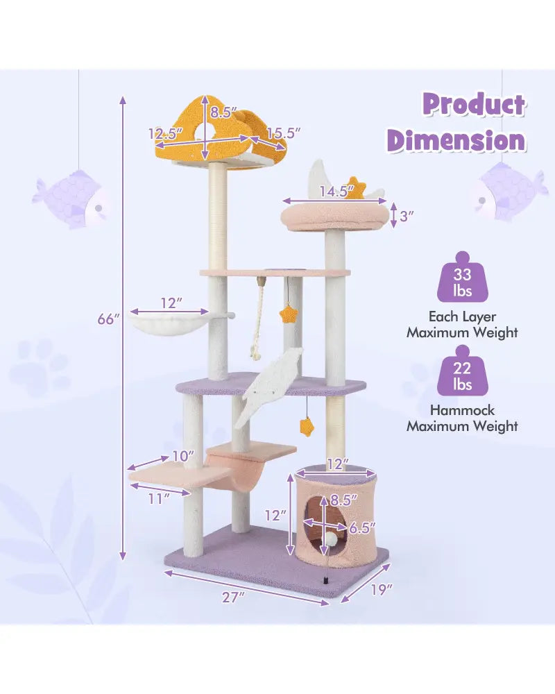 66 Inch Cute Cat Tree Cats Multi-level Tall Cat Tower with Sisal Covered Scratching Posts-Purple - Purple - Cat Trees