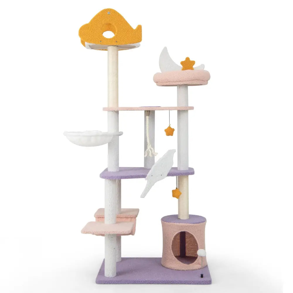 66 Inch Cute Cat Tree Cats Multi-level Tall Cat Tower with Sisal Covered Scratching Posts-Purple - Purple - Cat Trees