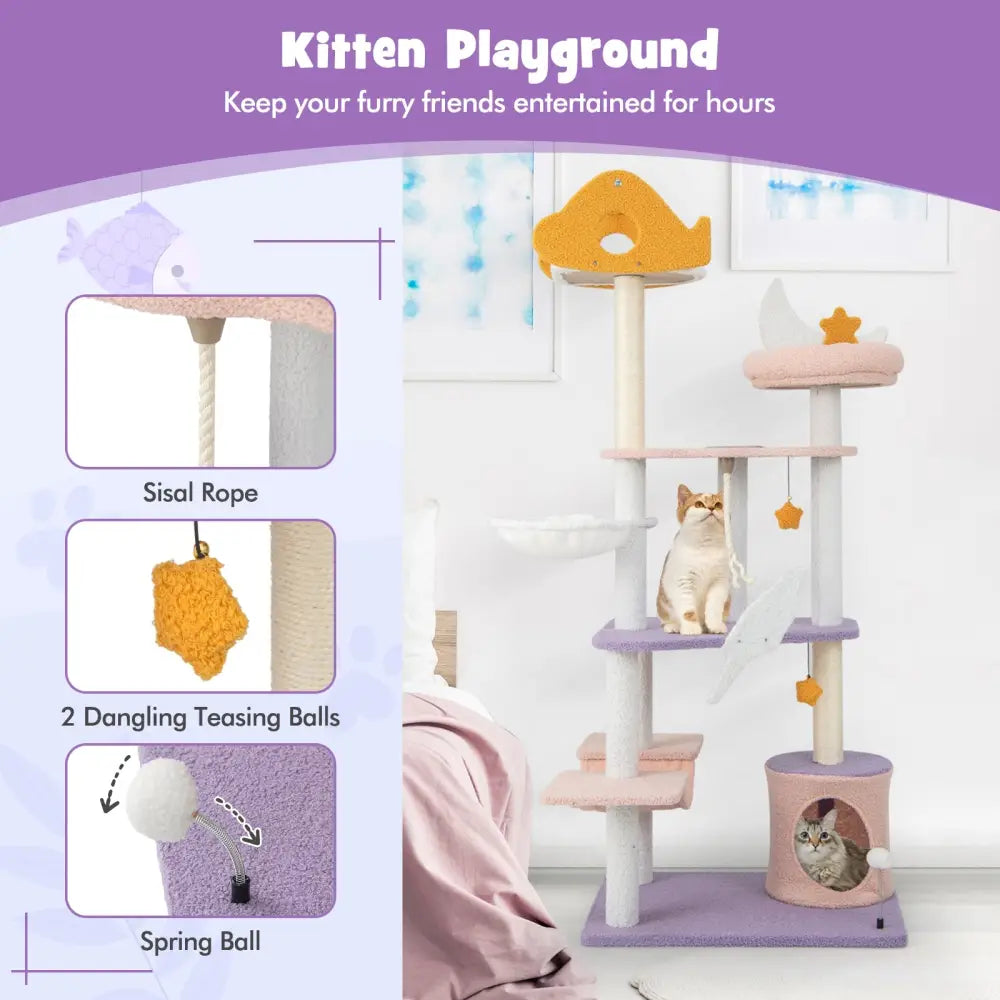 66 Inch Cute Cat Tree Cats Multi-level Tall Cat Tower with Sisal Covered Scratching Posts-Purple - Purple - Cat Trees