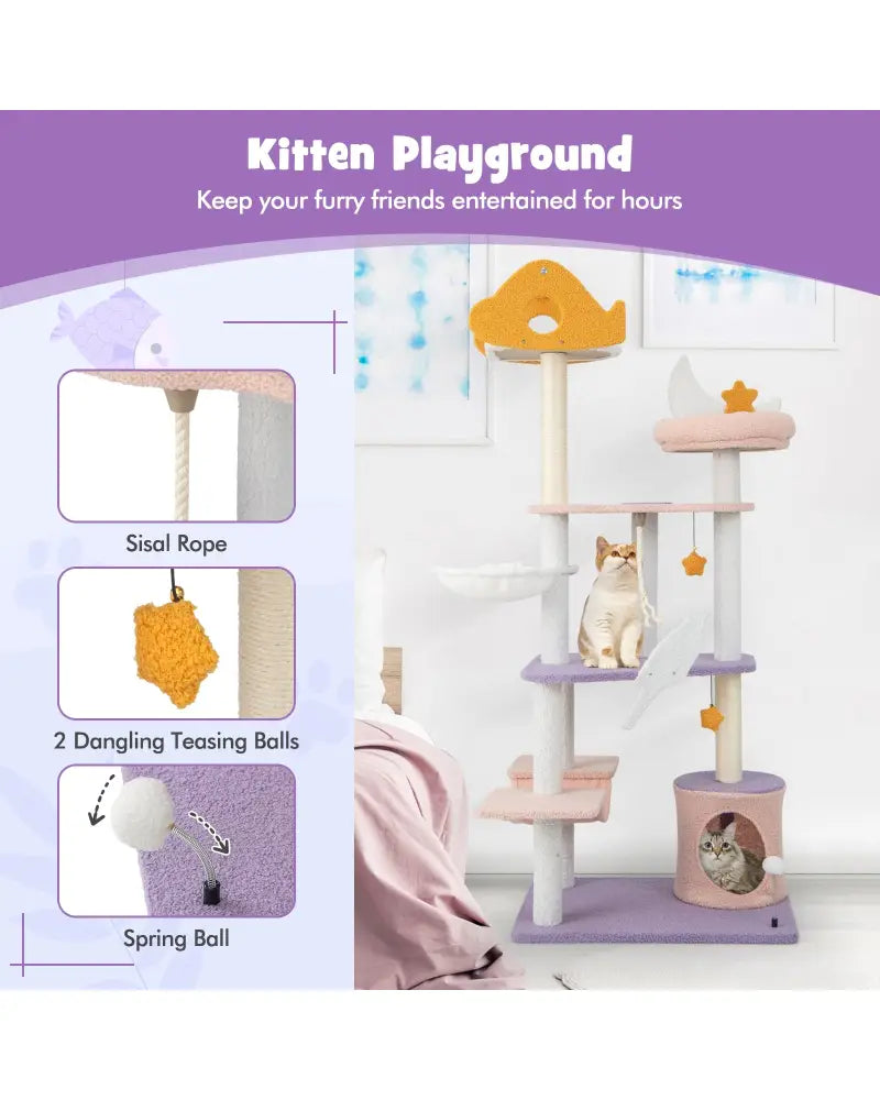 66 Inch Cute Cat Tree Cats Multi-level Tall Cat Tower with Sisal Covered Scratching Posts-Purple - Purple - Cat Trees
