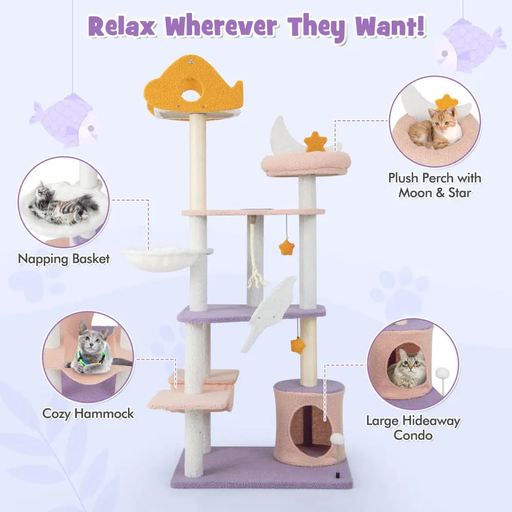 66 Inch Cute Cat Tree Cats Multi-level Tall Cat Tower with Sisal Covered Scratching Posts-Purple - Purple - Cat Trees