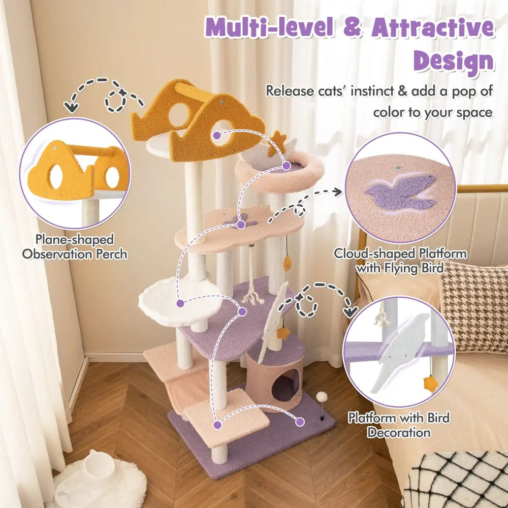 66 Inch Cute Cat Tree Cats Multi-level Tall Cat Tower with Sisal Covered Scratching Posts-Purple - Purple - Cat Trees