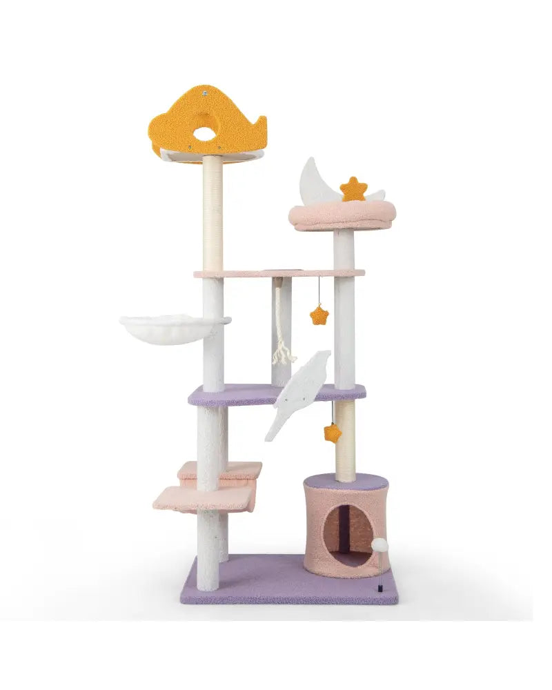 66 Inch Cute Cat Tree Cats Multi-level Tall Cat Tower with Sisal Covered Scratching Posts-Purple - Purple - Cat Trees