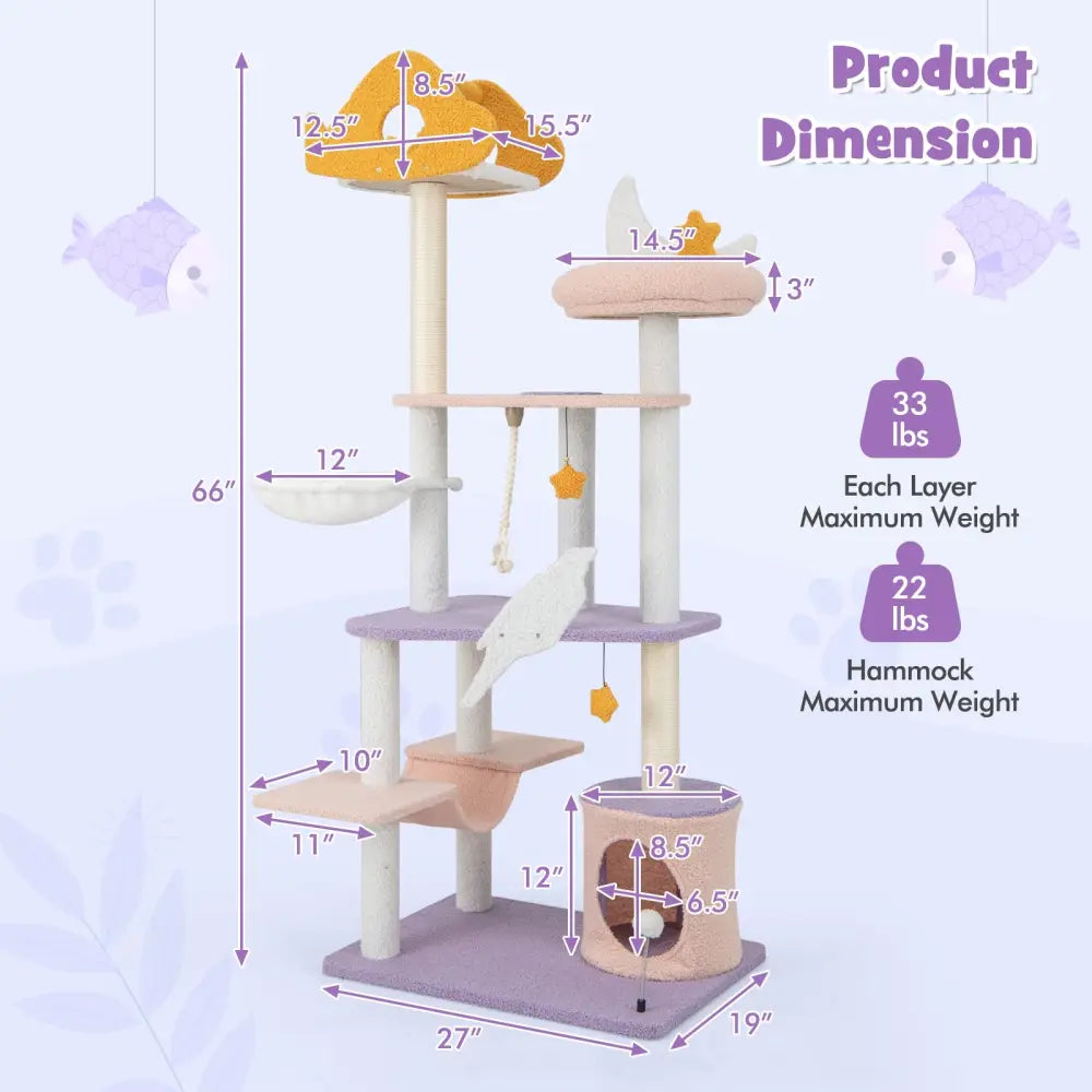 66 Inch Cute Cat Tree Cats Multi-level Tall Cat Tower with Sisal Covered Scratching Posts-Purple - Purple - Cat Trees