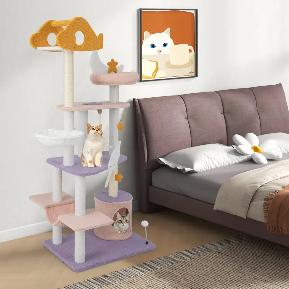 66 Inch Cute Cat Tree Cats Multi-level Tall Cat Tower with Sisal Covered Scratching Posts-Purple - Purple - Cat Trees